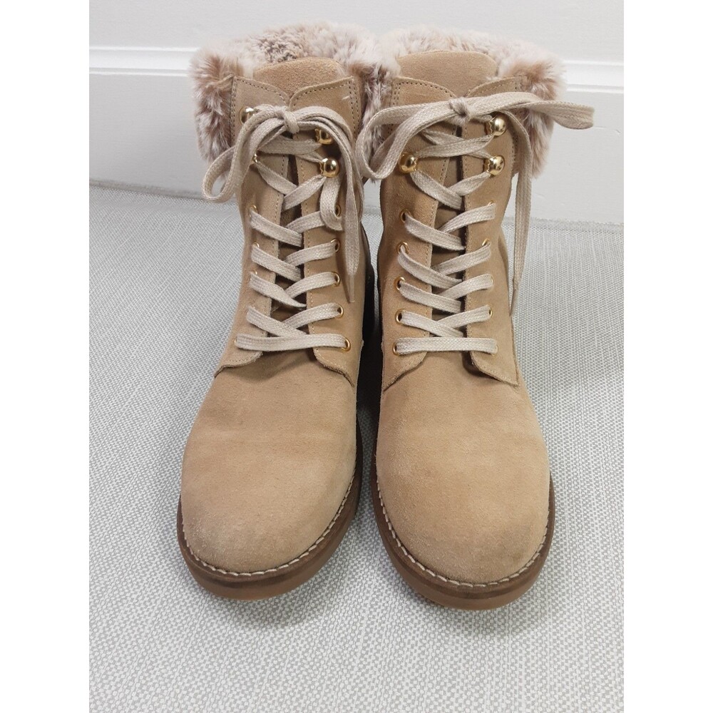 Antonio De Faria Lexi Size 9 Tan Boots Leather Upper Suede Faux Fur Combat Moto - Picture 9 of 15